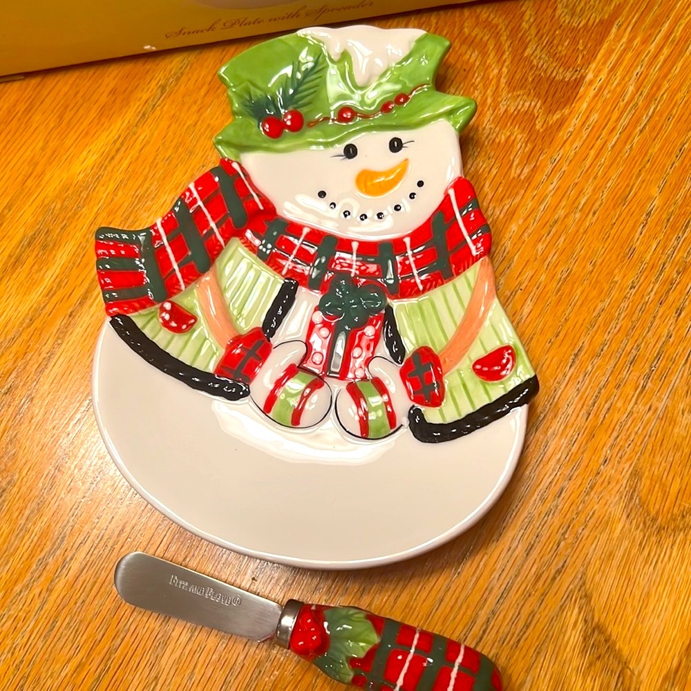 Fitz and Floyd snowman dip plate + spreader